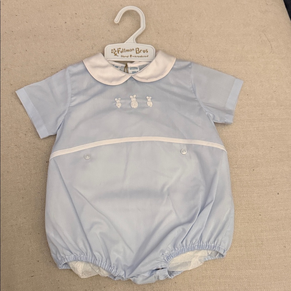 Classic Light Blue Bunny Trio Peter Pan Collared Baby Bubble Romper